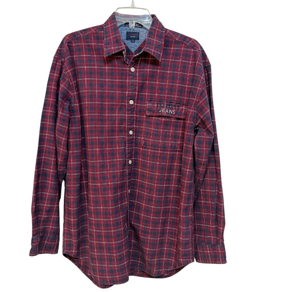 VTG 90s TOMMY JEANS Plaid Light Weight Flannel Shirt Men's Medium** Embroidered
